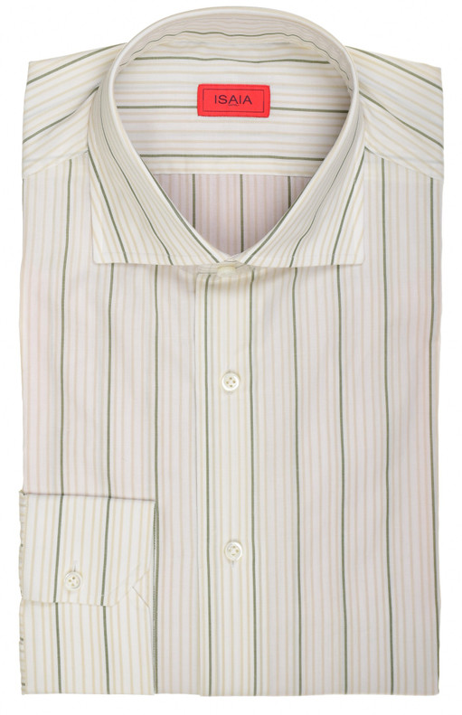 Isaia Napoli Mix Dress Shirt Green Brown White Stripe Cotton Spread Collar