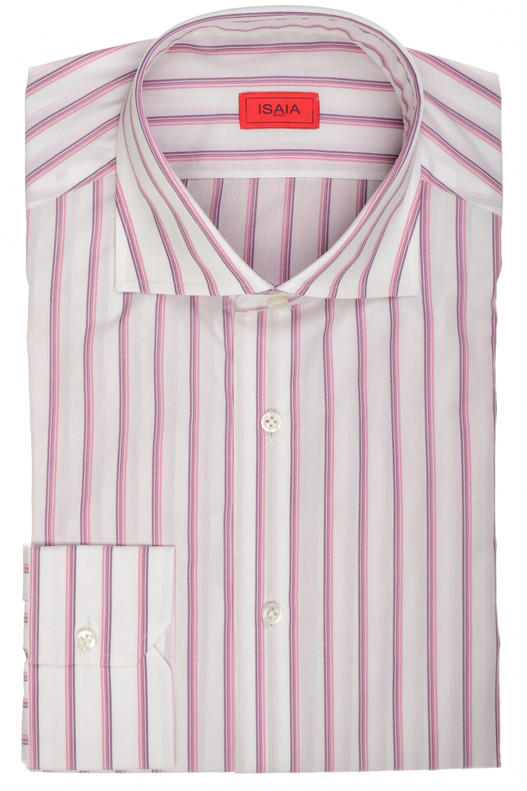 Isaia Napoli Mix Dress Shirt Purple Pink White Stripe Cotton Spread Collar