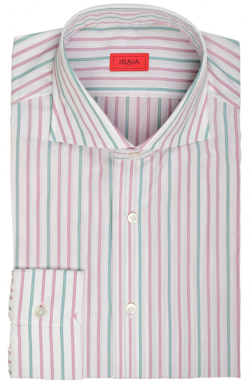 Isaia Napoli Mix Dress Shirt Purple Green White Stripe Cotton Spread Collar