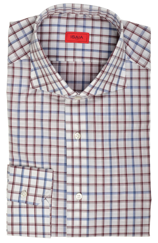 Isaia Napoli Mix Dress Shirt Burgundy Blue White Check Cotton Spread Collar