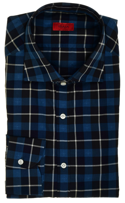 Isaia Napoli Mix Sport Shirt Navy Blue White Plaid Cotton Spread Collar
