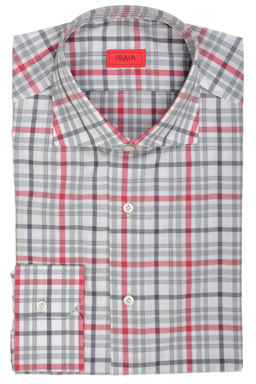 Isaia Napoli Mix Dress Shirt Red Blue Gray Check Cotton Spread Collar