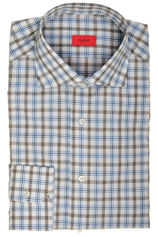 Isaia Napoli Mix Dress Shirt Brown Blue Check Cotton Spread Collar