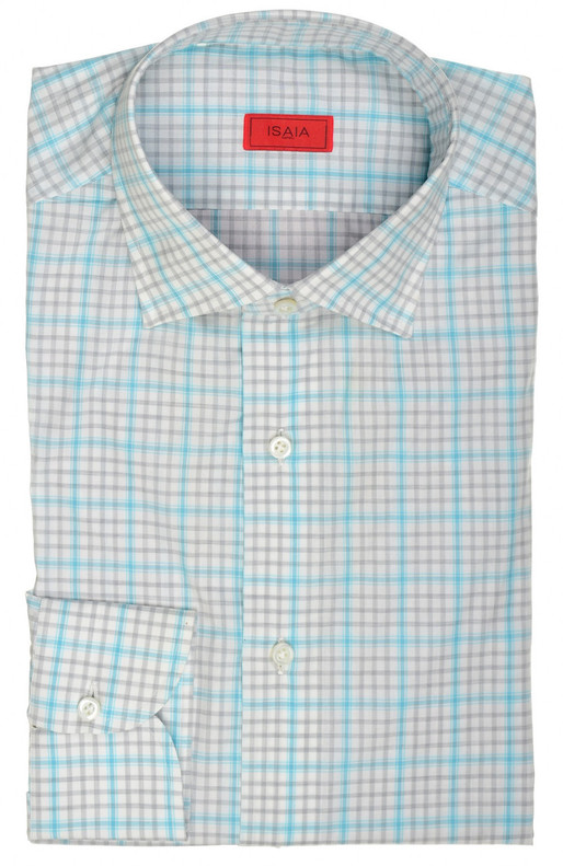 Isaia Napoli Mix Dress Shirt Gray Aqua Blue Check Cotton Spread Collar