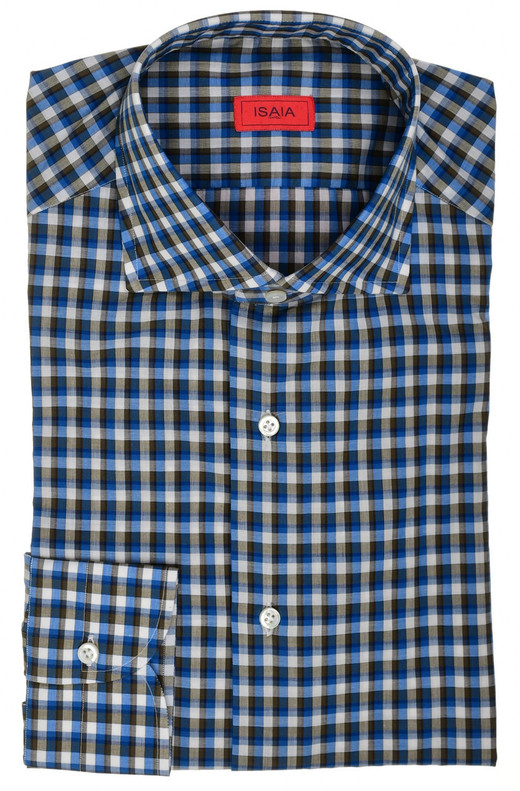 Isaia Napoli Mix Dress Shirt Blue Brown Check Cotton Spread Collar