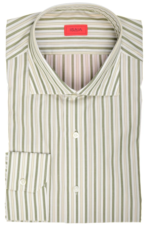 Isaia Napoli Mix Dress Shirt Green Beige White Stripe Cotton Spread Collar