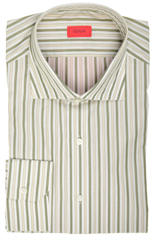 Isaia Napoli Mix Dress Shirt Green Beige White Stripe Cotton Spread Collar