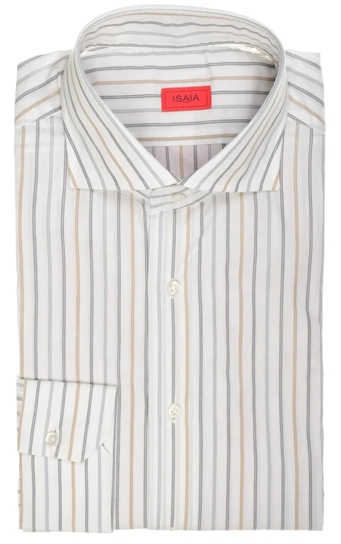 Isaia Napoli Mix Dress Shirt Brown Blue White Stripe Cotton Spread Collar