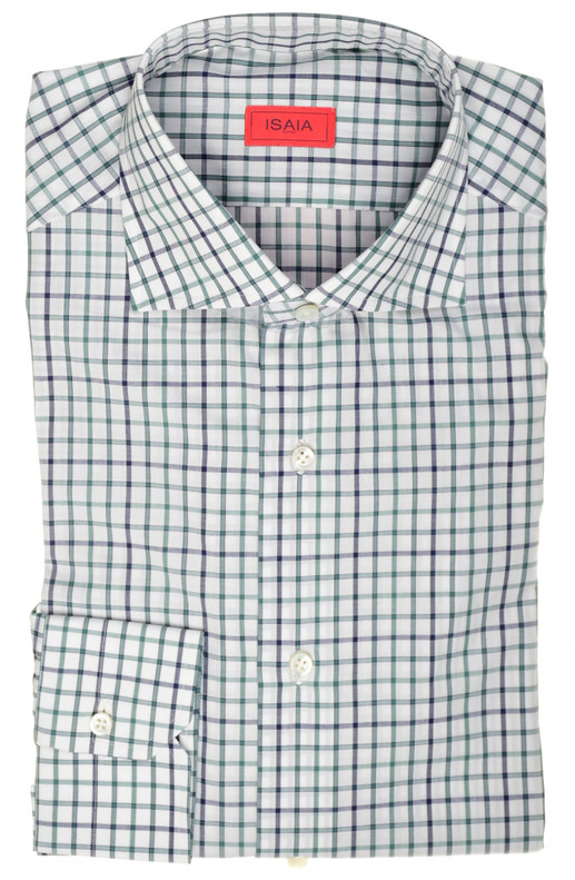 Isaia Napoli Mix Dress Shirt Green Blue White Check Cotton Spread Collar