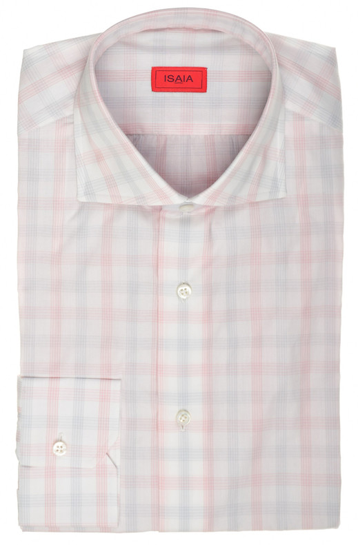 Isaia Napoli Italia Dress Shirt Pink Blue White Check Cotton Spread Collar