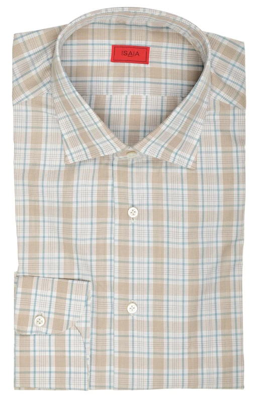 Isaia Napoli Mix Dress Shirt Brown Aqua Blue Plaid Cotton Spread Collar