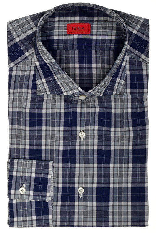 Isaia Napoli Mix Dress Shirt Dark Blue Gray Plaid Cotton Spread Collar