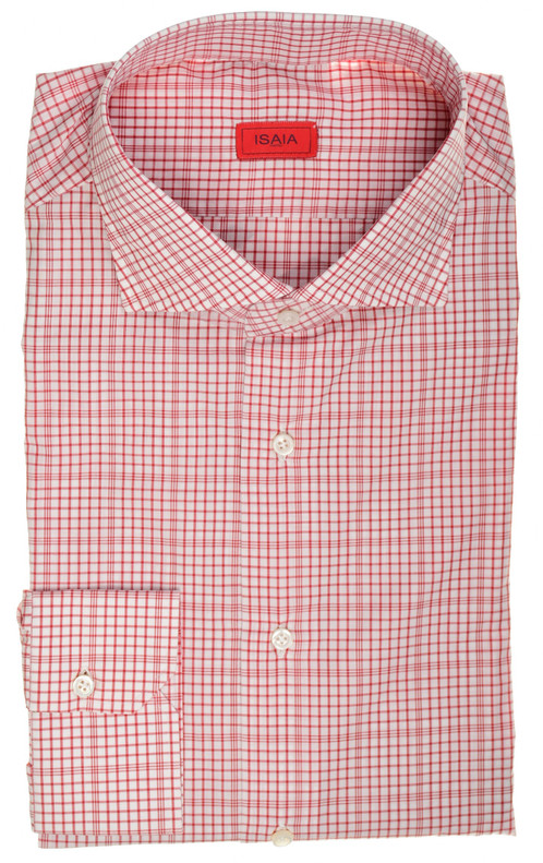 Isaia Napoli Mix Dress Shirt Red White Check Cotton Spread Collar