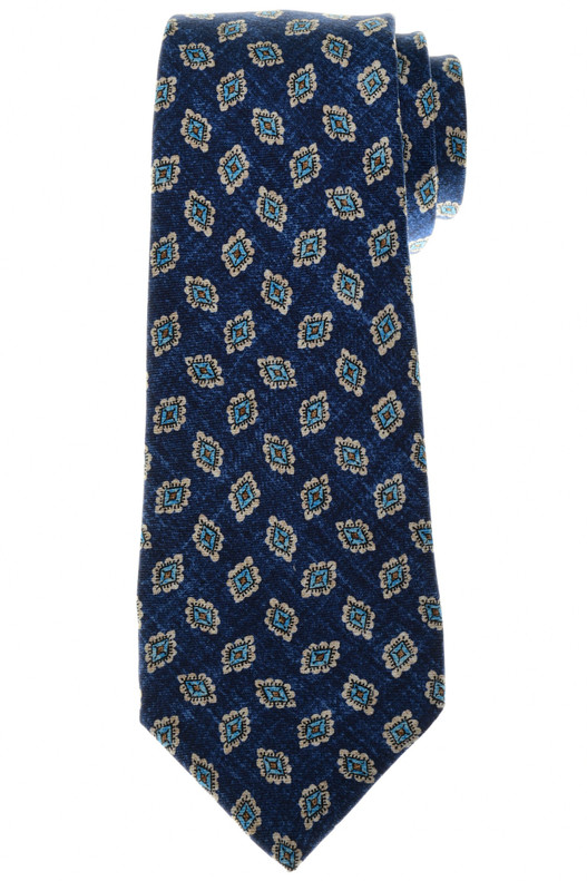 Kiton Napoli Dark Blue Aqua Orange Gray Medallion Silk Tie