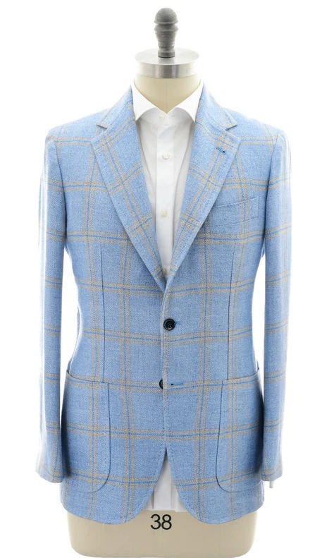 Sartorio Napoli Blue Brown Windowpane Canapa Wool Sport Coat
