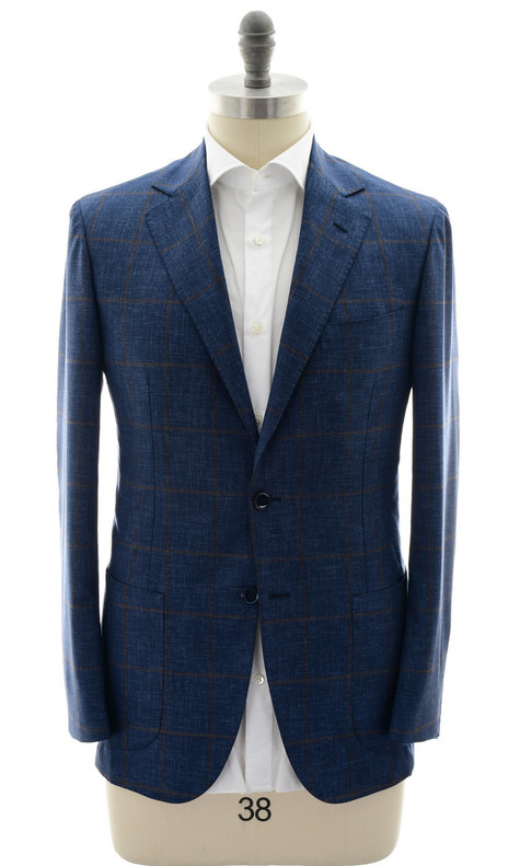 Sartorio Napoli Blue Brown Windowpane Virgin Wool Sport Coat