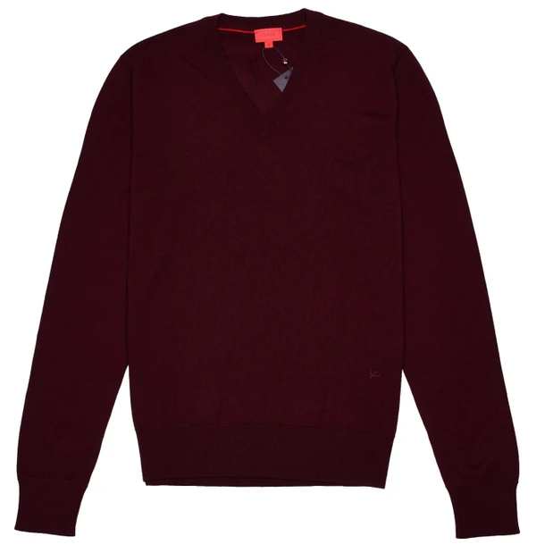 Isaia Napoli Burgundy Sweater V-Neck Superfine Wool Knit