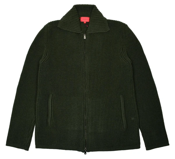 Isaia Napoli Green Sweater Full Zip Fine Ribbed Wool Knit