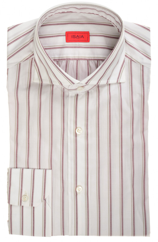 Isaia Napoli Mix Dress Shirt Burgundy Brown White Stripe Cotton Spread Collar