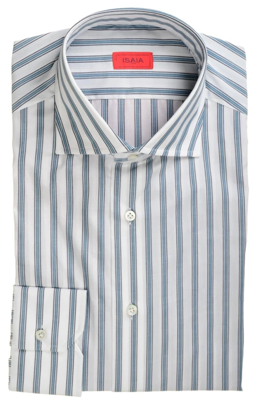 Isaia Napoli Mix Dress Shirt Teal Blue Navy White Stripe Cotton Spread Collar