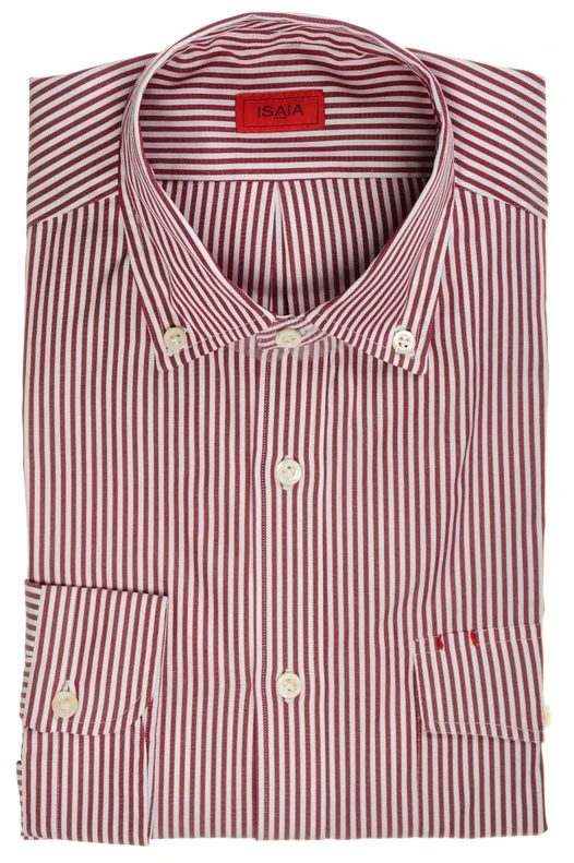 Isaia Napoli Sport Shirt Burgundy White Stripe Cotton Spread Collar