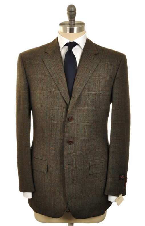 d'Avenza Suit 4 Button Wool 42 52 Green Blue Brown Plaid
