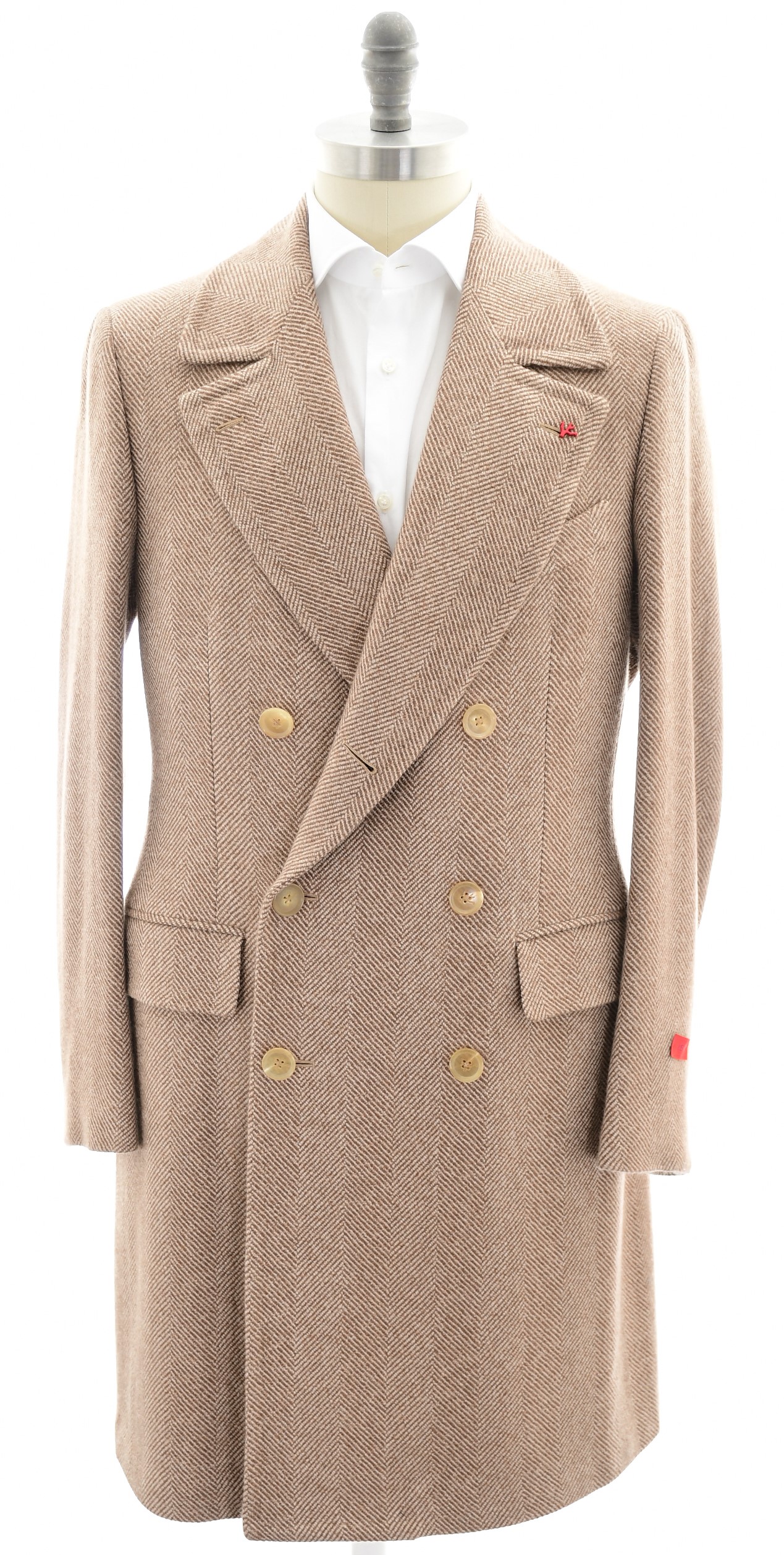 Isaia Napoli Marshall Overcoat Camel Hair Brown Herringbone