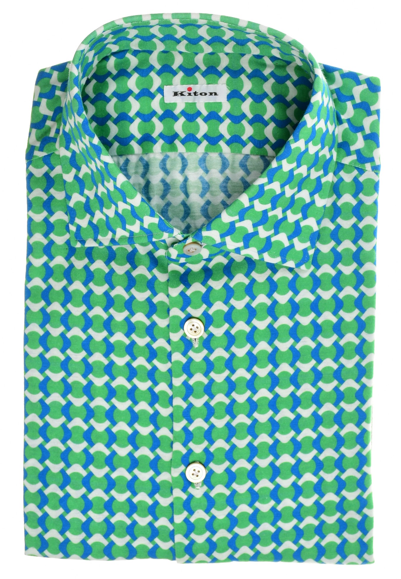 Kiton Dress Shirt Green Blue Jersey Cotton Geometric Print