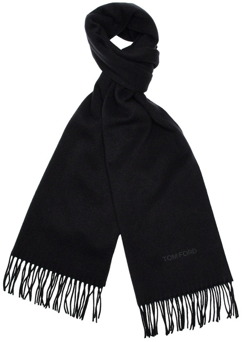 TOM FORD トムフォード カシミア マフラー Tom Ford Fringed Scarf Logo Brushed Silk Black Solid