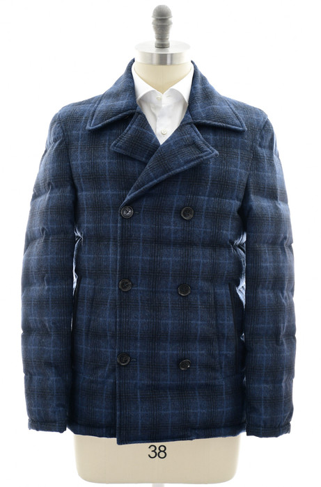 Isaia Pea Coat Puffer Size 40 Blue Plaid 06OT0190