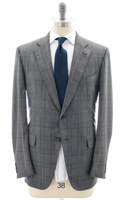 Isaia Napoli Suit 'Gregory' Wool 120's Stretch Aqua Muline Gray Plaid