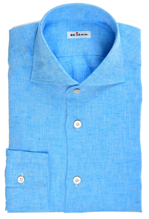 Kiton Shirt Linen Blue Solid