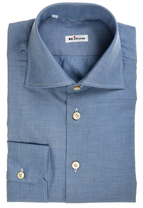 Kiton Collection Shirt Cotton Blue Herringbone