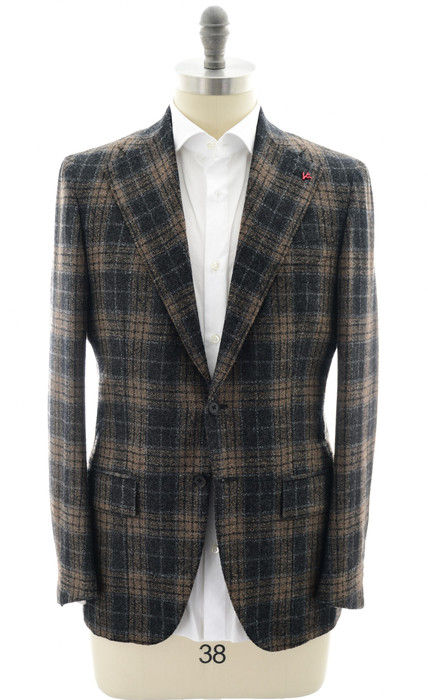 ISAIA Size 40 Grey Blue Plaid Wool Single Breasted Sport Coat