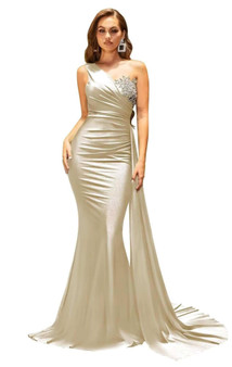 One Shoulder Bridesmaid Dresses for Wedding Long Champagne Ruched Satin Mermaid Formal Dresses for Women with Train Size 14 One Shoulder Bridesmaid Dresses for Wedding Long Champagne Ruched Satin Mermaid Formal Dresses for Women with Train Size 14