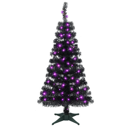 Juegoal Lighted Artificial Halloween Black Christmas Tree, 4FT Black Tinsel Pine Tree with 70 LED Purple Lights, 8 Modes & Timer for Home Party Decorations