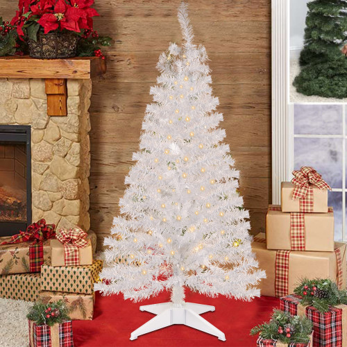 Juegoal 4 FT Pre-lit Artificial Christmas Tree with 70 Warm White Battery Powered Lights, 8 Mode & Timer for Home Party Decor (White)