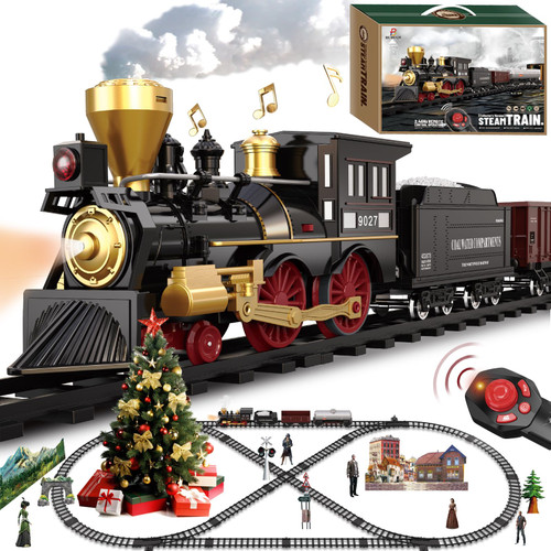 Train Set for Kids Remote Control Train Toys w/Steam Locomotive, Fuel Tank Car & Luxury Tracks, Electric Trains w/Realistic Smoke,Sounds & Lights, Christmas Birthday Gift for Boys Girls 3 4 5 6 7+