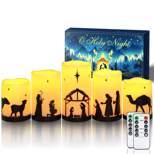 Homemory Flameless Christmas Nativity Scene Candles, Battery Operated LED Pillar Religion Candles, Nativity Sets Indoor Outdoor Decorations for Xmas Holiday Home Decor, with Remote and Timer, Set of 5