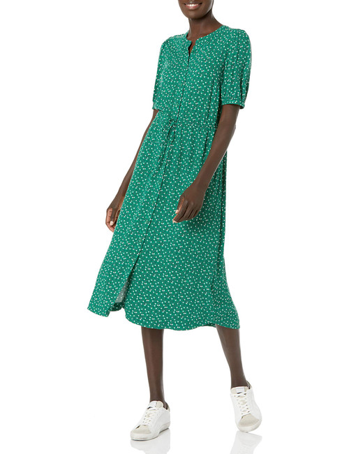 Amazon Essentials Women's Fit and Flare Half-Sleeve Waisted Midi A-Line Dress with Pockets, Green Vine Print, Medium
