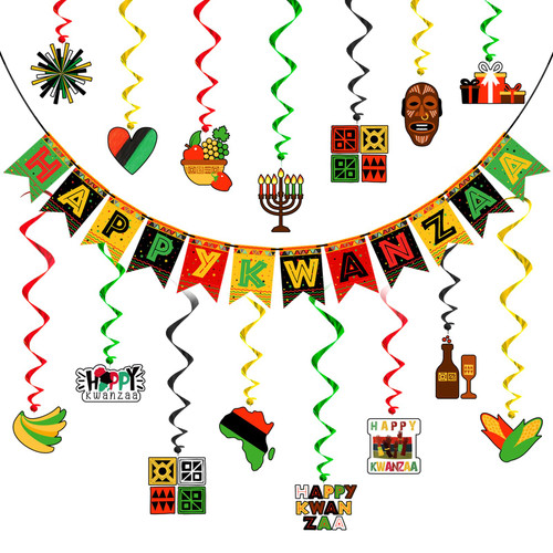 Happy Kwanzaa Banner Decorations with 15 African Heritage Theme Hanging Swirls - No DIY Needed Rustic Banners Red Black Green Kwanzaa Garland for Holiday Party Supplies, Wall, and Home Decor