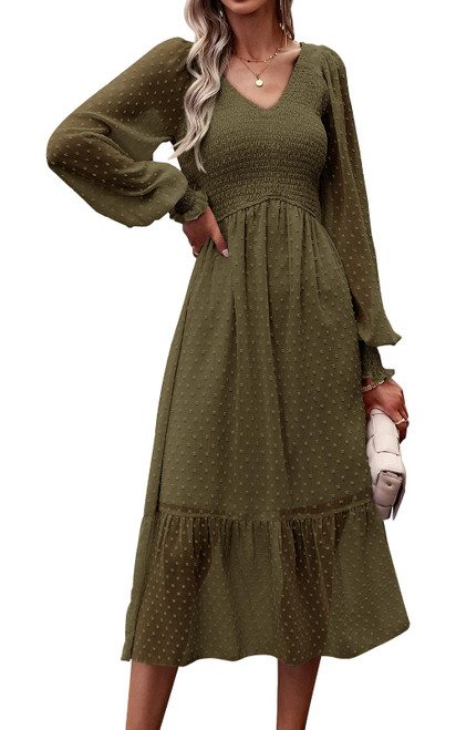 PRETTYGARDEN Women's Fall Dresses 2025 Long Sleeve V Neck Swiss Dot Smocked Ruffle Midi Dress Boho Chiffon Flowy Long Dress (Army Green,Medium)