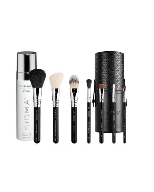 Sigma Beauty Makeup Brush Care Bundle – Sigmagic Foam Makeup Brush Shampoo (6.76oz) & 7-Piece Travel Makeup Brush Set with Compact Carrying Case – Professional Grade Cleaner & Brush Kit