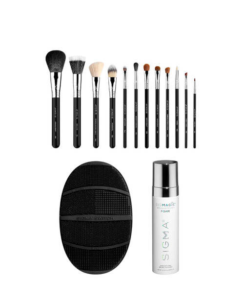 Sigma Beauty Essential 12-Piece Makeup Set with Sigmagic Foam Shampoo (6.76oz) & Sigma Switch Silicone Cleaner – Professional Makeup Tools & Care Kit