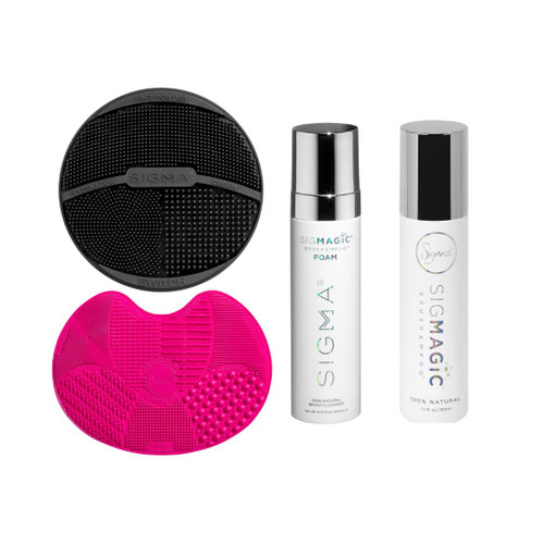 Sigma Beauty Ultimate Brush Care Bundle – Sigmagic Foam (6.76 fl oz), Sigmagic Liquid (5.1 fl oz), Spa Express Cleaning Mat & Sigma Switch Shade Cleaner – Deep Clean & On-the-Go Brush Care Kit