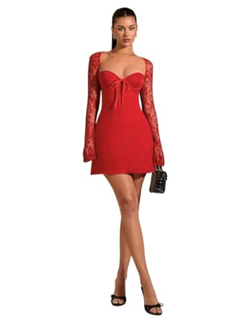 Women 2025 Casual Midi Dress Long Sleeve Lace Colorblock Crew Neck Dress(Small)