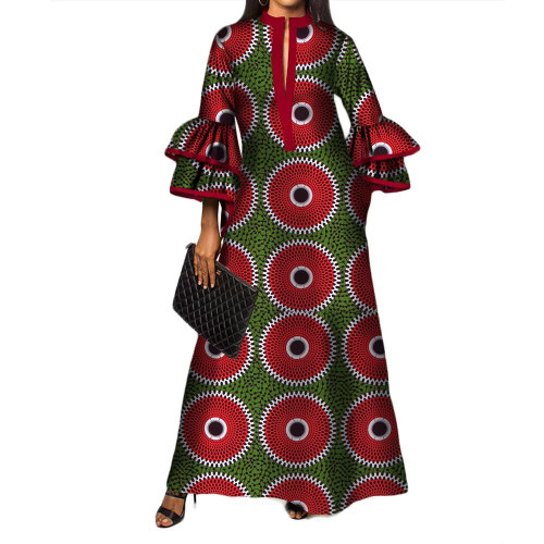 BAZINRICHE African Maxi Dress for Womens Ankara Wedding Party Dresses Double Layered Bell Sleeve