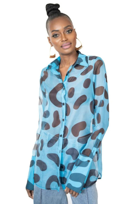 Pantora Women's Latisha Organza Button Up, Blue Leopard, X-Large