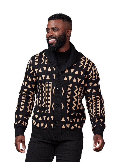 D'IYANU | Aren African Pattern Ankara Men's Sweater | Traditional Culture with Long Sleeves | Tan Black Tribal | S