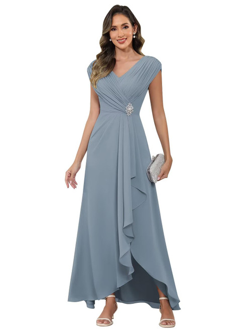 Aootumi Dusty Blue Mother of The Bride Dresses for Wedding 2025 Tea Length Short Sleeve V Neck Ruffle Chiffon A Line Backless Formal Dress Size 4